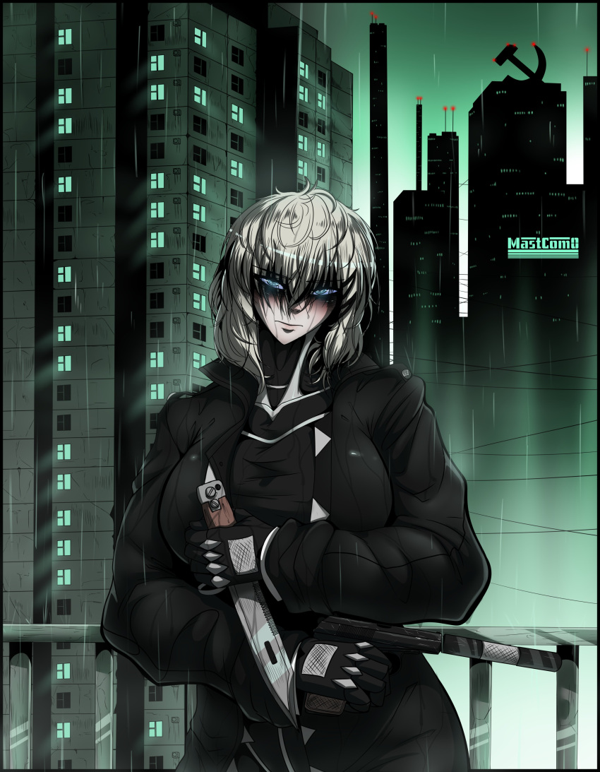 1girl, absurdres, bags_under_eyes, black_bodysuit, blue_eyes, bodysuit, breasts, coat