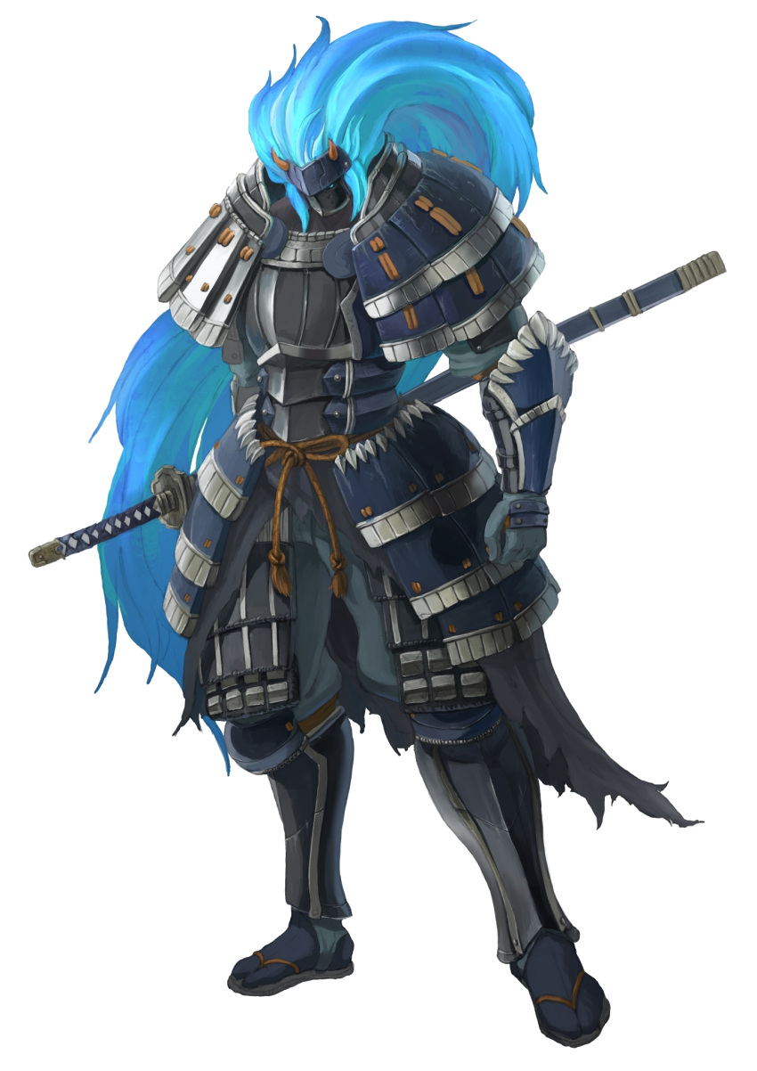 armor, black_armor, black_socks, blue_hair, full_body, gauntlets, helmet, highres