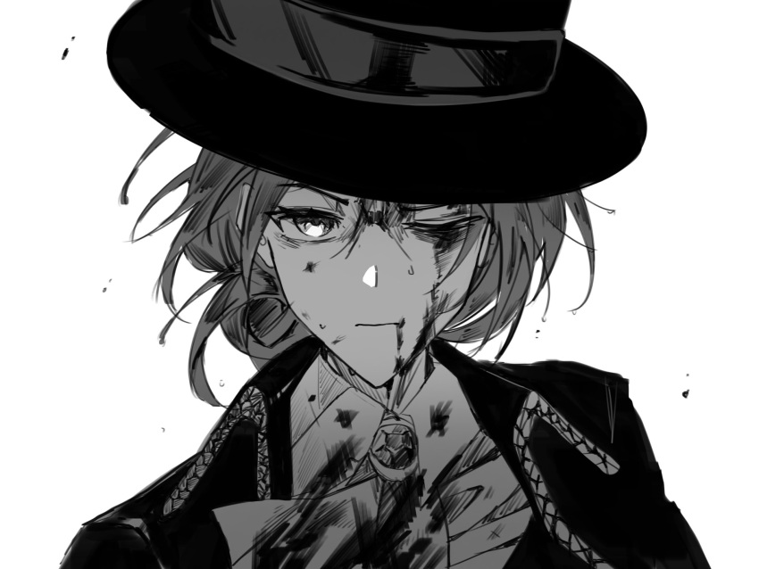 1girl, ;|, ascot, blood, blood_from_mouth, blood_on_clothes, blood_on_face, boater_hat, coat, collared_shirt, greyscale, hair_bun, highres, looking_at_viewer, monochrome, reverse:1999, shirt, short_hair, single_side_bun, solo, upper_body, vertin_(reverse:1999), white_background, wilson_(wilson1151487)