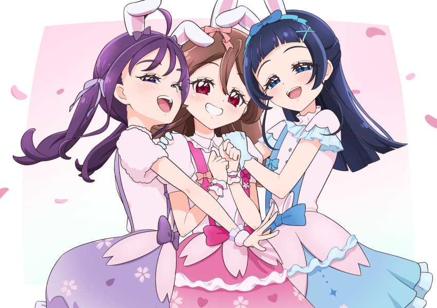 3girls, ahoge, animal_ears, aokaze_nana, aqua_ribbon, blue_bow, blue_eyes, blue_gloves, blue_hair, blue_skirt, blush, bow, brown_hair, commentary, easter, gloves, hair_bow, hair_intakes, hair_ribbon, kimi_to_idol_precure, long_hair, medium_hair, multiple_girls, open_mouth, paid_reward_available, petals, pink_bow, pink_shirt, pink_skirt, precure, purple_bow, purple_hair, purple_skirt, rabbit_ears, red_eyes, ribbon, sakura_uta_(precure), shigure_kokoro, shirt, short_sleeves, skirt, smile, suspender_skirt, suspenders, tiler_(tiler00), twintails, violet_eyes, wrist_cuffs