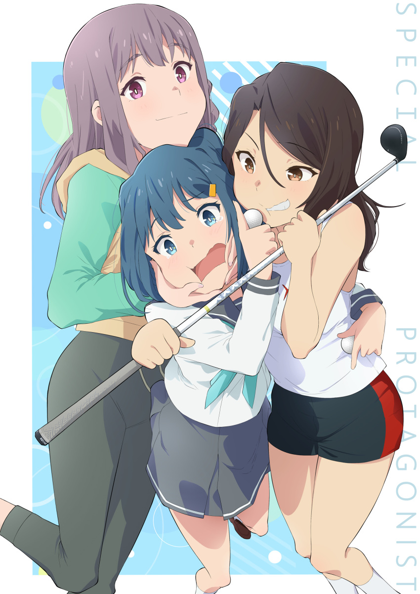 3girls, akane_haruka_(sorairo_utility), aoba_minami, black_hair, black_pants, black_shorts, black_skirt, blue_eyes, blue_hair, brown_eyes, brown_hair, closed_mouth, commentary_request, golf_club, green_hoodie, grin, hair_between_eyes, highres, holding, holding_golf_club, hood, hoodie, hoshimi_ayaka, long_hair, long_sleeves, mizuhara_tatsuya, multiple_girls, open_mouth, pants, raglan_sleeves, school_uniform, shirt, short_shorts, shorts, sidelocks, skirt, smile, socks, sorairo_utility, standing, tank_top, teeth, two-tone_hoodie, violet_eyes, white_shirt, white_socks, white_tank_top, yellow_hoodie