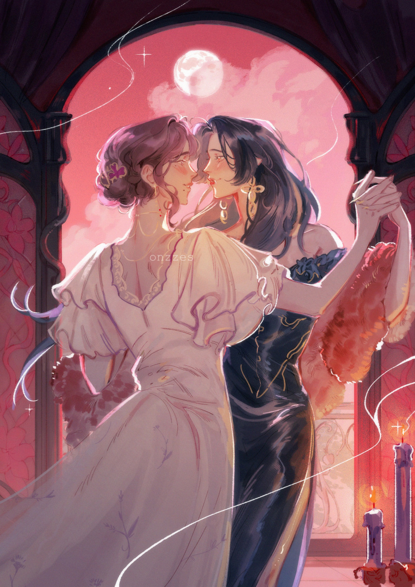 2girls, absurdres, black_dress, black_hair, blush, candle, clouds, commentary