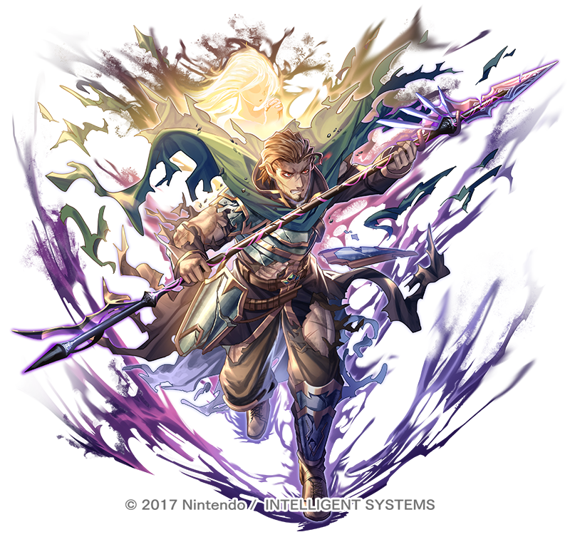 1boy, armor, baggy_pants, brown_shoes, cape, copyright_notice, dark_persona, fire_emblem, fire_emblem:_the_sacred_stones, fire_emblem_heroes, green_cape, holding, holding_polearm, holding_weapon, male_focus, official_art, orson_(fire_emblem), pants, polearm, purple_energy, red_eyes, shimomura_watari, shoes, simple_background, solo, torn_clothes, weapon, white_background