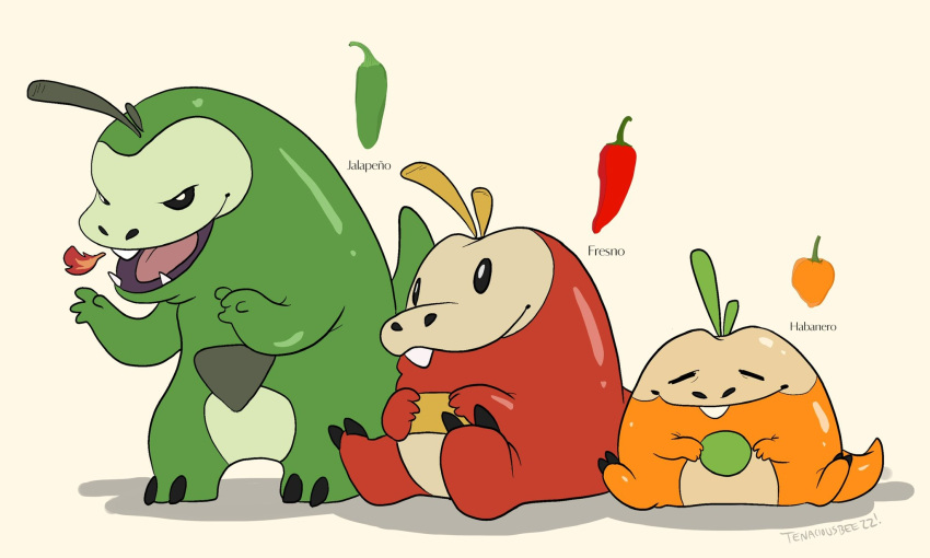 alternate_color, animal_focus, breath_weapon, breathing_fire, chili_pepper, closed_eyes, closed_mouth, commentary, english_commentary, fangs, fire, fresno_pepper, fuecoco, habanero_pepper, highres, jalapeno_pepper, no_humans, open_mouth, pokemon, pokemon_(creature), simple_background, sitting, smile, standing, tenaciousbee, white_background