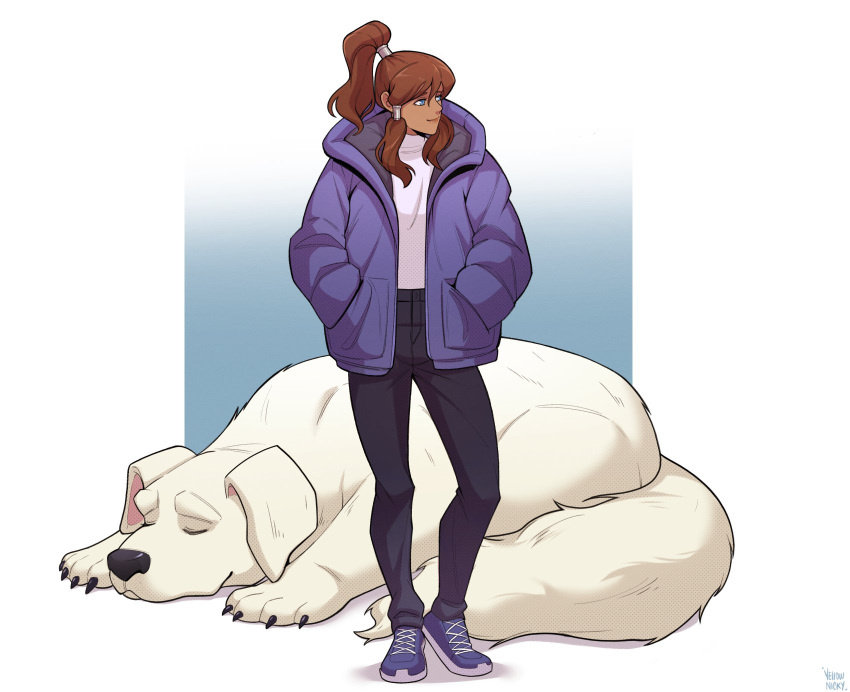 1girl, 1other, artist_name, avatar_legends, bear, black_pants, blue_eyes, blue_jacket