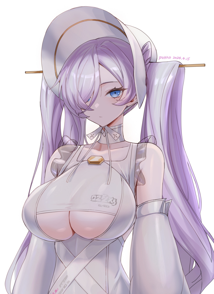 1girl, absurdres, blue_eyes, breasts, douhao_(cmza8875), hair_ornament, hair_over_one_eye, highres, large_breasts, nicola_(resonance_solstice), pink_hair, resonance_solstice, twintails, under_boob