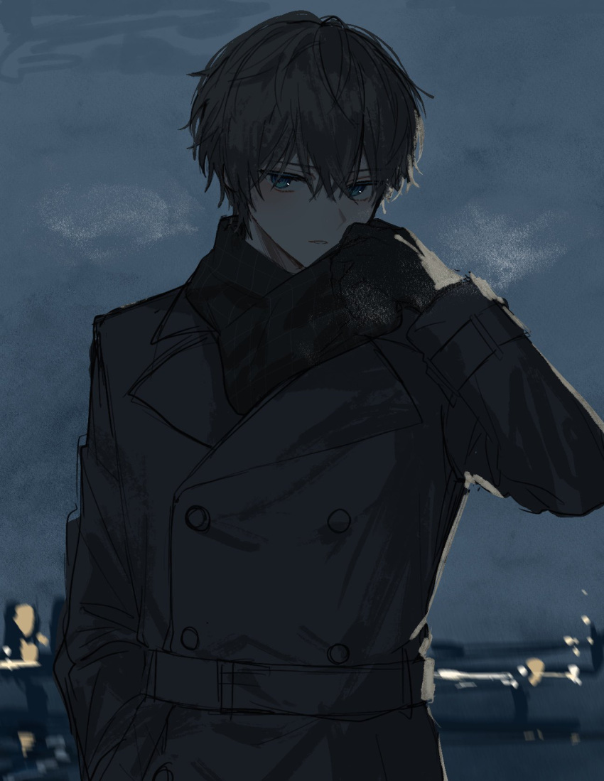 1boy, black_gloves, black_headscarf, blue_eyes, blurry, blurry_background, blush, city