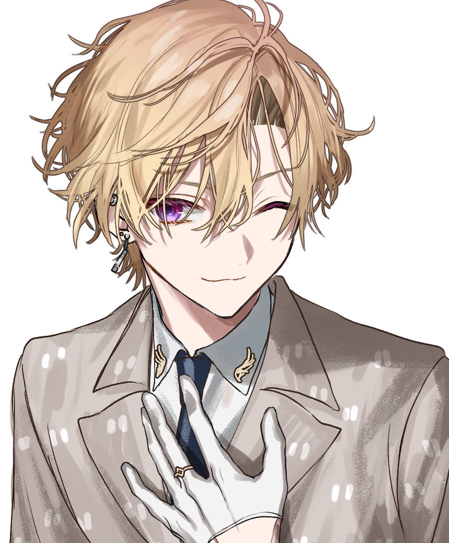 1boy, blonde_hair, blue_necktie, brown_jacket, brown_suit, closed_mouth, colored_eyelashes, commentary_request, ear_piercing, earrings, gloves, gradient_eyes, hair_between_eyes, half_gloves, hand_on_own_chest, huzurina_suruba, jacket, jewelry, male_focus, multicolored_eyes, necktie, one_eye_closed, original, piercing, portrait, ring, shirt, short_hair, simple_background, smile, solo, sparkle, suit, violet_eyes, white_background, white_gloves, white_shirt, wing_print