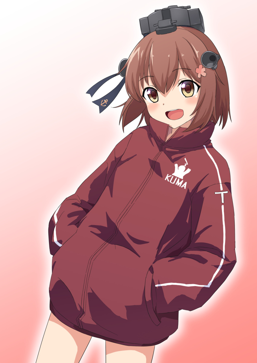 1girl, :d, anchor_print, blue_ribbon, blush, brown_eyes, brown_hair, character_name, character_print, cosplay, cowboy_shot, double-parted_bangs, dutch_angle, flower, gradient_background, hair_between_eyes, hair_flower, hair_ornament, hair_ribbon, hands_in_pockets, headgear, highres, jacket, kantai_collection, kiso_(kancolle), kiso_(kancolle)_(cosplay), kiso_(saury_festival)_(kancolle), long_sleeves, medium_hair, open_mouth, outline, pink_flower, red_background, red_jacket, ribbon, sidelocks, smile, solo, standing, teeth, thighs, upper_teeth_only, white_background, white_outline, yuki_4040, yukikaze_(kancolle)