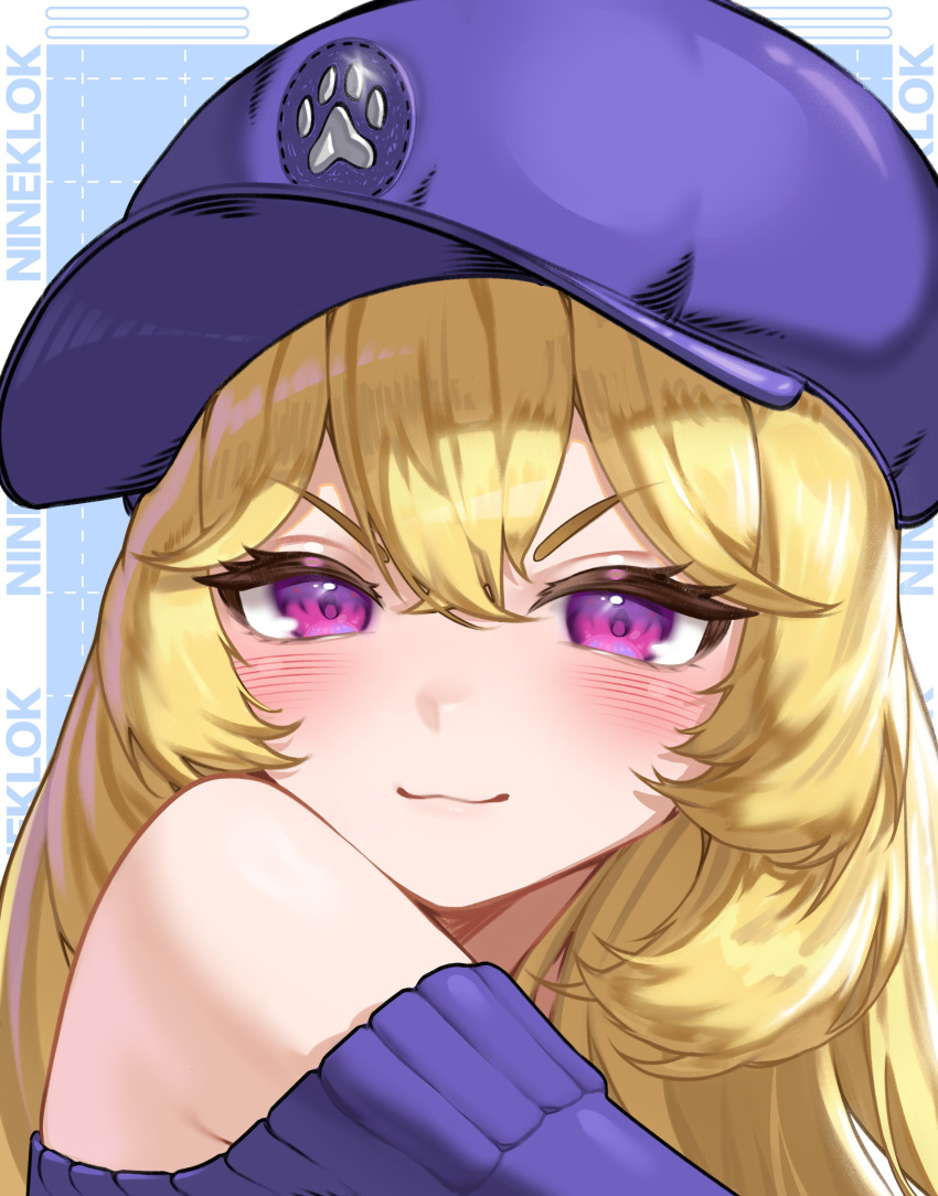 >:), 1girl, absurdres, artist_name, bare_shoulders, blonde_hair, cerber_(vtuber), closed_mouth