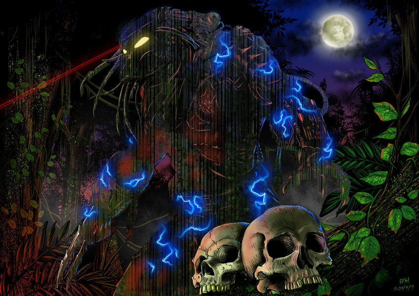 1boy, alien, arm_blade, armor, dreadlocks, fishnets, gauntlets, helmet, highres, laser, laser_pointer_projection, laser_sight, long_hair, mandibles, mask, muscular, pauldrons, plasma_caster, predator_(character), predator_(series), shoulder_armor, shoulder_cannon, skull, thigh_armor, weapon, wrist_blades, wswc8755