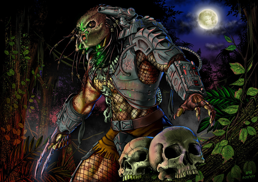 1boy, alien, arm_blade, armor, bleeding, blood, dreadlocks, fishnets, gauntlets, highres, laser, laser_pointer_projection, laser_sight, long_hair, mandibles, mask, muscular, pauldrons, plasma_caster, predator_(character), predator_(series), shoulder_armor, shoulder_cannon, skull, thigh_armor, weapon, wrist_blades, wswc8755