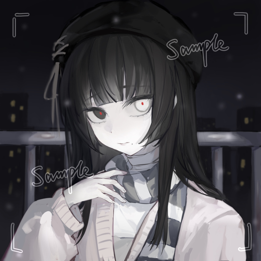 1girl, bandaged_neck, bandages, black_eyes, black_hair, black_hat, black_scarf, cardigan