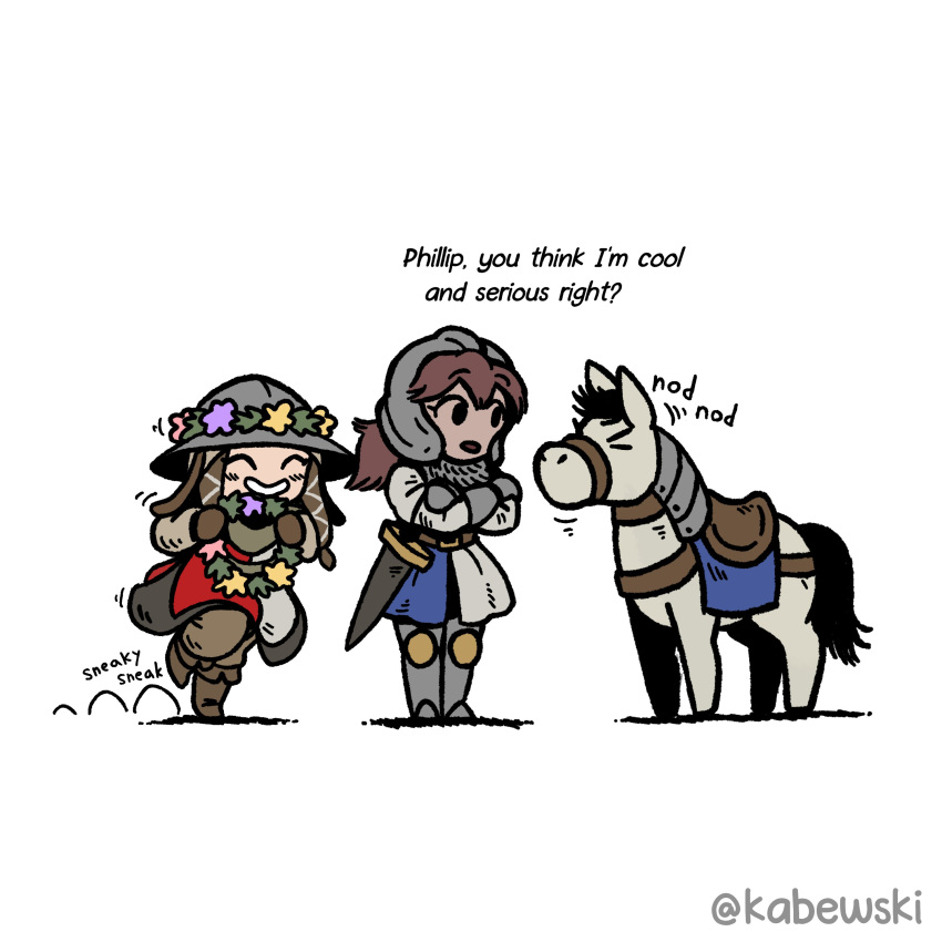 2girls, absurdres, age_of_empires_ii, closed_eyes, crossed_arms, crossover, english_text, flora_sister_(ironlily)