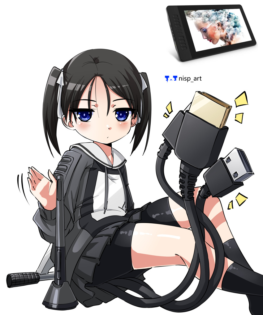 1girl, absurdres, black_hair, black_shorts, black_skirt, black_socks, blue_eyes, child