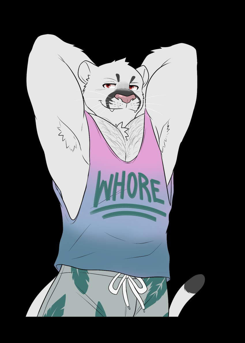1boy, animal_ears, armpits, arms_behind_head, black_background, english_commentary, fangs, fangs_out