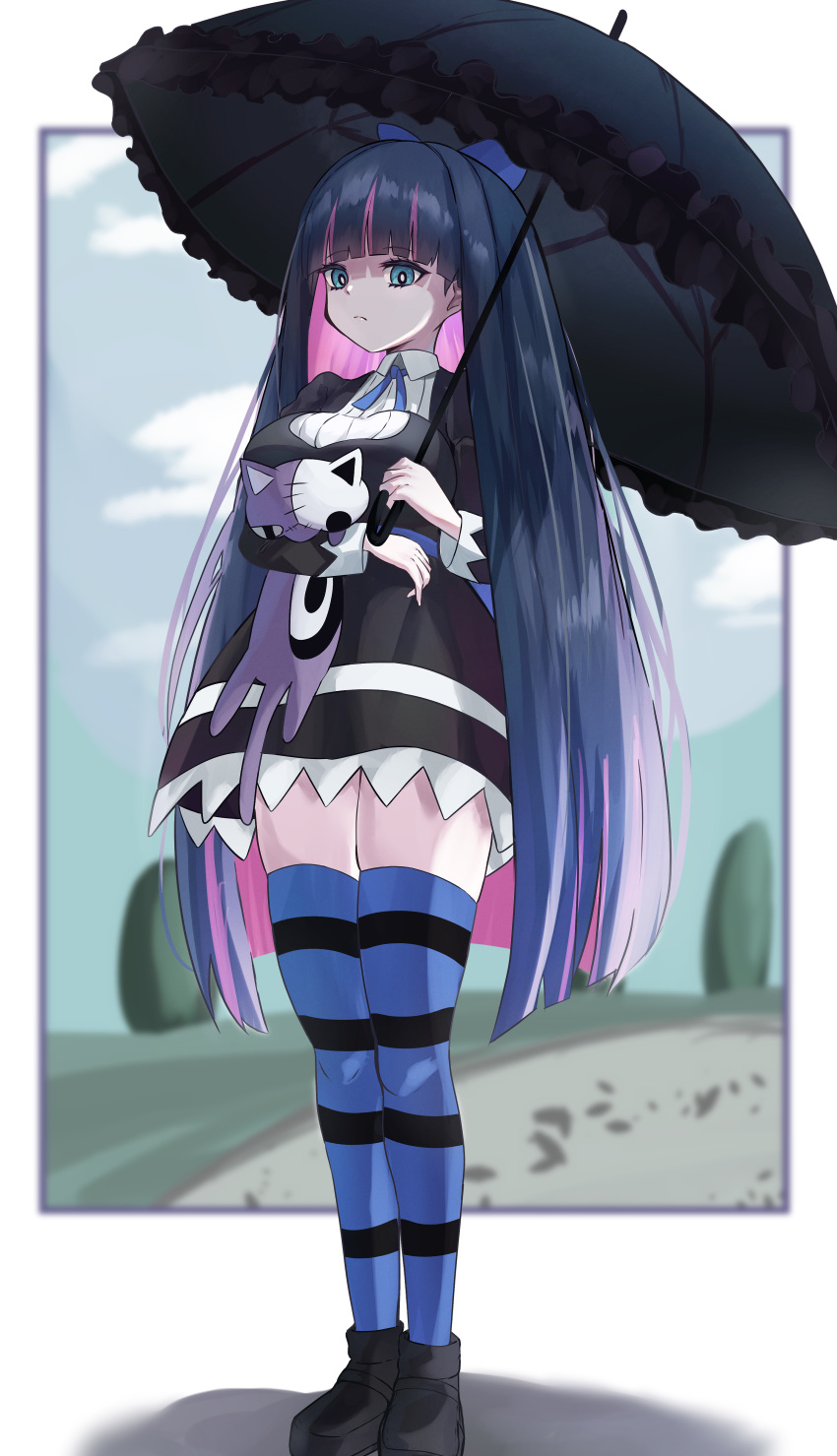 1girl, absurdres, black_dress, black_shoes, black_umbrella, blue_bow, blue_eyes, blue_hair, blue_sky, blue_thighhighs, blunt_bangs, bow, breasts, colored_inner_hair, commentary_request, dress, expressionless, full_body, highres, holding, holding_umbrella, honekoneko_(psg), long_hair, long_sleeves, looking_at_viewer, multicolored_hair, panty_&amp;_stocking_with_garterbelt, pink_hair, shoes, sky, solo, stocking_(psg), striped_clothes, striped_thighhighs, stuffed_animal, stuffed_cat, stuffed_toy, thigh-highs, tree, two-tone_hair, umbrella, wimawi