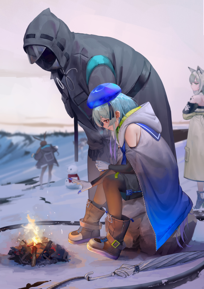 1boy, 1other, 3girls, absurdres, amiya_(arknights), aqua_hair, arknights, bare_shoulders