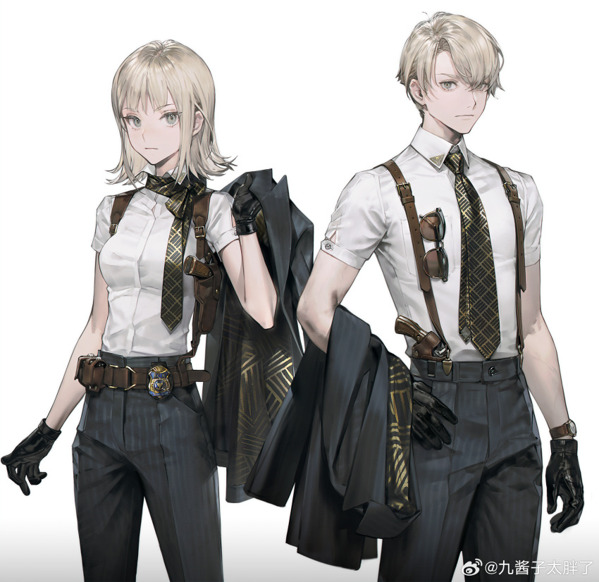 1boy, 1girl, badge, belt, belt_pouch, black_gloves, blonde_hair, brown_belt