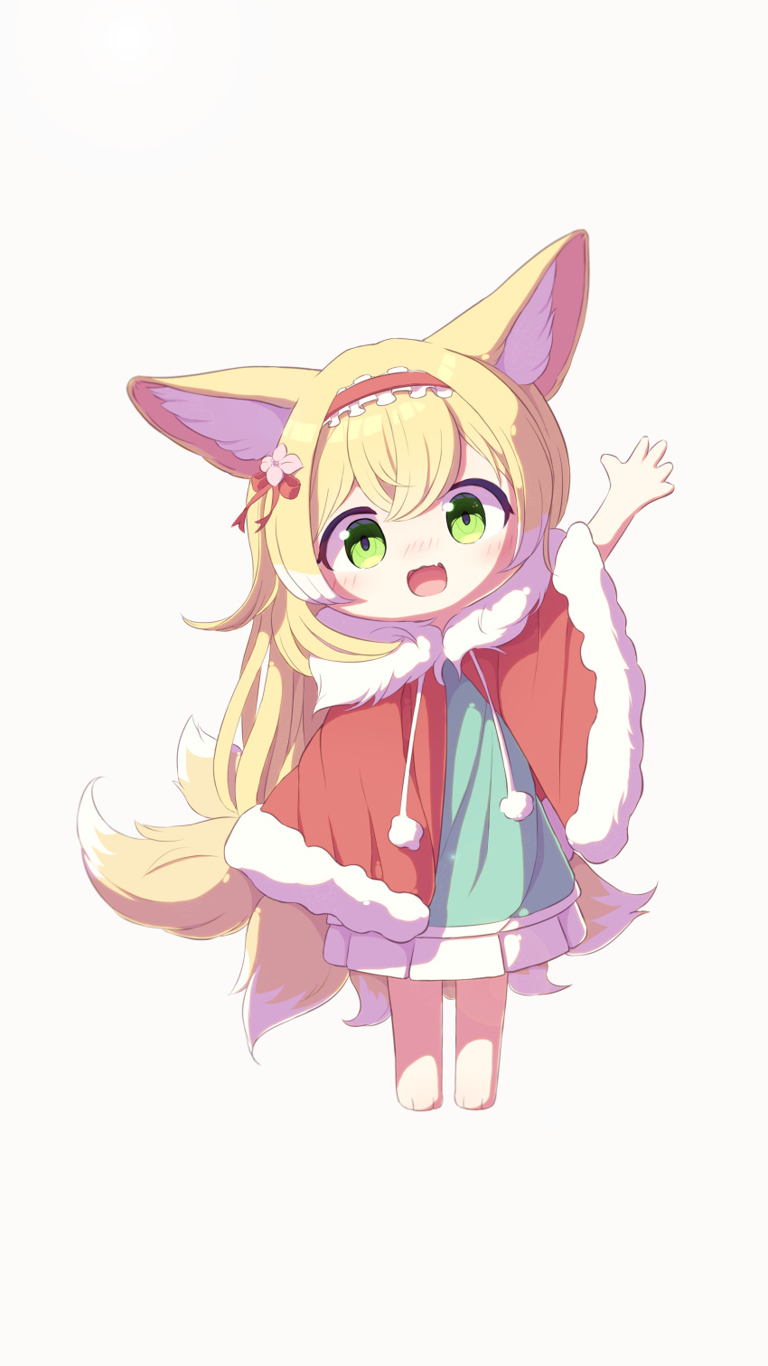 1girl, :d, absurdres, animal_ears, arknights, arm_up, bangs, bare_legs, barefoot, blonde, blonde_hair, blonde_hair_female, blue_dress, blush, blushing, blushing_at_viewer, bow, capelet, casual, chibi, chibi_only, dress, facing_viewer, fang, female, frilled_dress, frilled_hairband, frilled_headwear, frills, full_body, fur-trimmed_capelet, fur_trim, green_dress, green_eyes, hairband, hand_up, highres, long_hair, long_image, looking_at_viewer, multicolored, multicolored_clothes, multicolored_clothing, multicolored_dress, multicolored_hair, multiple_tails, no_nose, no_shoes, no_socks, nose_blush, open_mouth, open_mouth_smile, outstretched_arm, outstretched_hand, qi_bai, red_capelet, red_hair_bow, red_hairband, sidelocks, simple_background, small_boobs, small_breasts, small_hands, small_headwear, smile, smiling, smiling_at_viewer, solo, solo_focus, standing, strapless_dress, streaked_hair, suzuran_(arknights), tail, tongue, waving, waving_arm, white_background, white_dress, white_hair, white_hairband, white_headwear, white_tail, white_tails, white_trim, yellow_eyes, yellow_tail