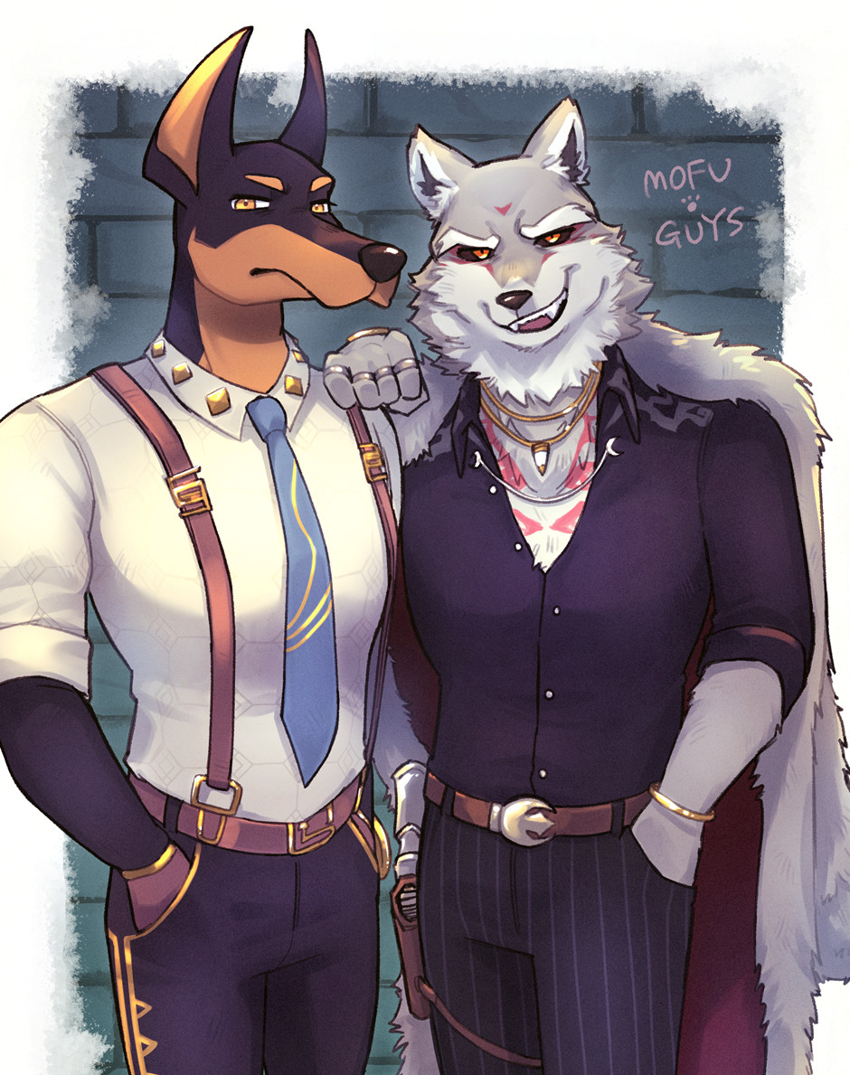 2boys, animal_ears, artist_name, black_pants, black_sclera, black_shirt, blue_necktie, bracelet, closed_mouth, coat, coat_on_shoulders, colored_sclera, dog_boy, dog_ears, duke_(fortnite), english_commentary, fangs, fletcher_kane_(fortnite), fortnite, fur-trimmed_coat, fur_trim, furry, furry_male, hand_in_pocket, hand_on_another's_shoulder, jewelry, looking_at_viewer, male_focus, mofu_gays, multiple_boys, multiple_rings, necklace, necktie, open_mouth, pants, pinstripe_pants, pinstripe_pattern, ring, shirt, smile, suspenders, white_shirt, wolf_boy, wolf_ears