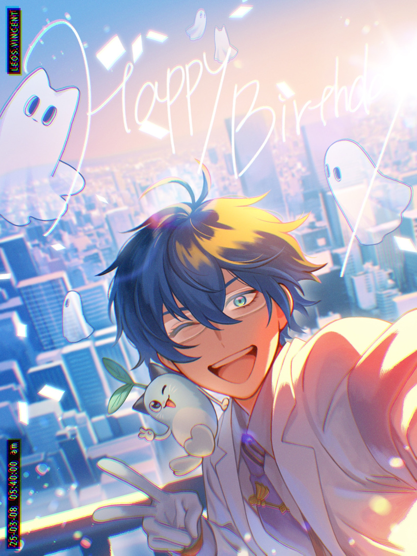 1boy, absurdres, animal_on_shoulder, aqua_eyes, blue_hair, blue_necktie, character_name, cityscape
