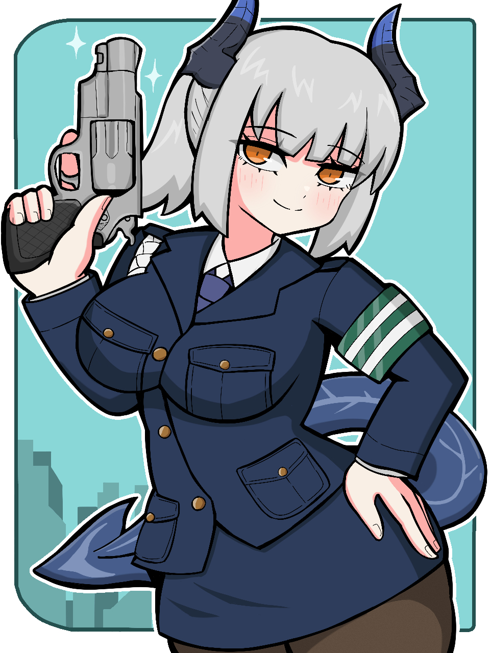 1girl, alternate_costume, aqua_background, arknights, armband, black_horns, black_jacket, black_outline