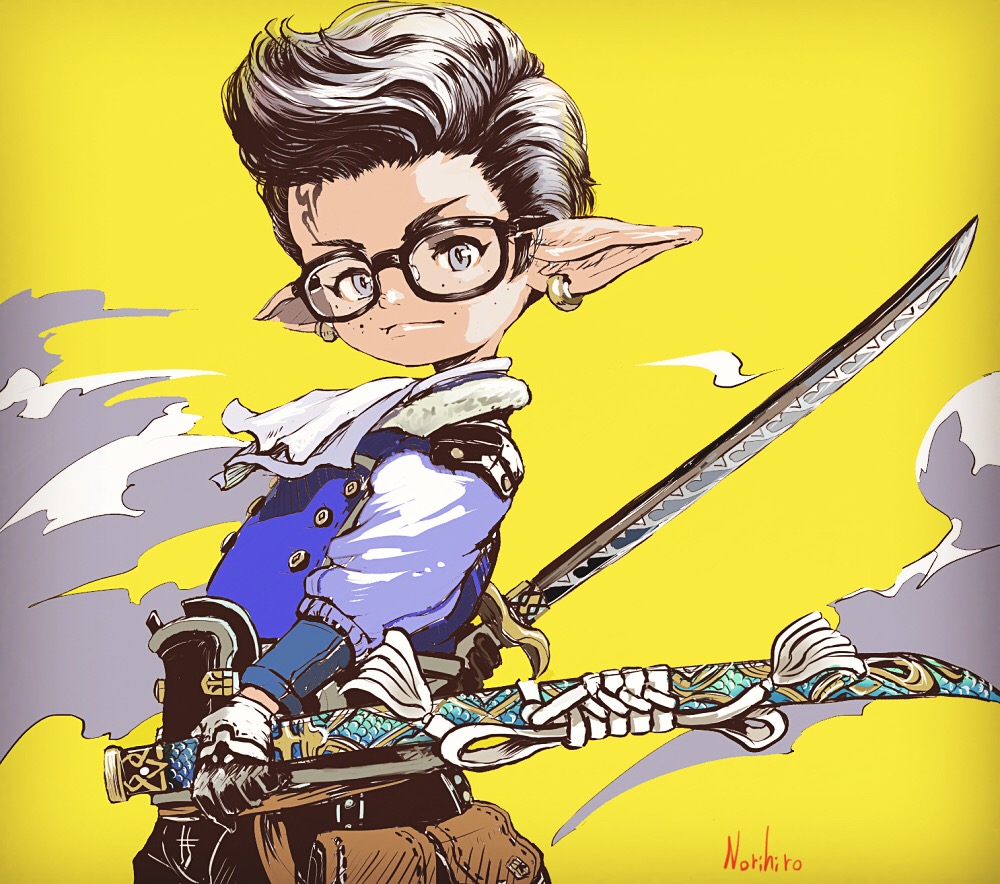 1boy, ascot, black-framed_eyewear, black_gloves, earrings, final_fantasy, final_fantasy_xiv, forehead_tattoo