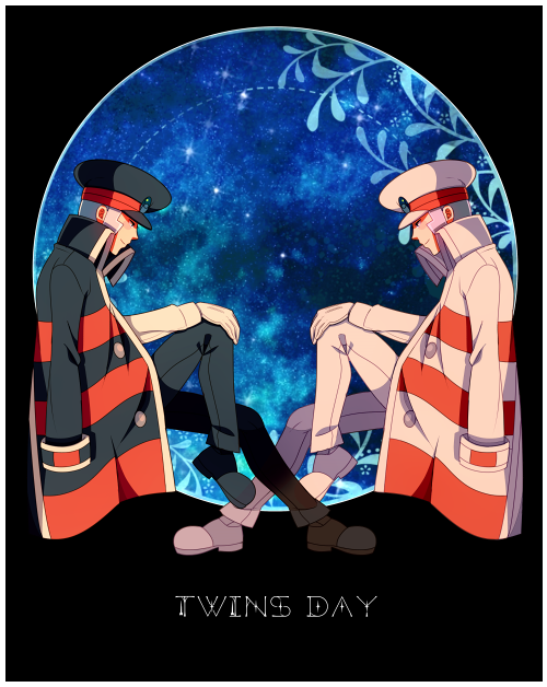 2boys, black_hat, black_pants, black_shoes, border, coat, coat_on_shoulders, emmet_(pokemon)