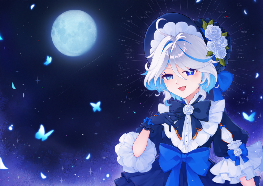 1girl, ahoge, anosen, blue_bow, blue_bowtie, blue_dress, blue_eyes, blue_flower, blue_gemstone, blue_gloves, blue_hair, blue_hat, blue_pupils, bow, bowtie, commentary, dress, drop-shaped_pupils, flower, full_body, furina_(genshin_impact), gem, genshin_impact, gloves, hair_between_eyes, hand_up, hat, hat_flower, hetero, highres, looking_at_viewer, medium_hair, multicolored_hair, night, open_mouth, outdoors, puffy_short_sleeves, puffy_sleeves, short_sleeves, solo, streaked_hair, symbol-shaped_pupils, white_flower, white_hair