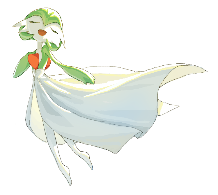 closed_eyes, colored_skin, dress, gardevoir, green_hair, green_skin, multicolored_skin, npoyonpoyon, open_mouth, pokemon, pokemon_(creature), simple_background, smile, two-tone_skin, white_background, white_dress, white_skin