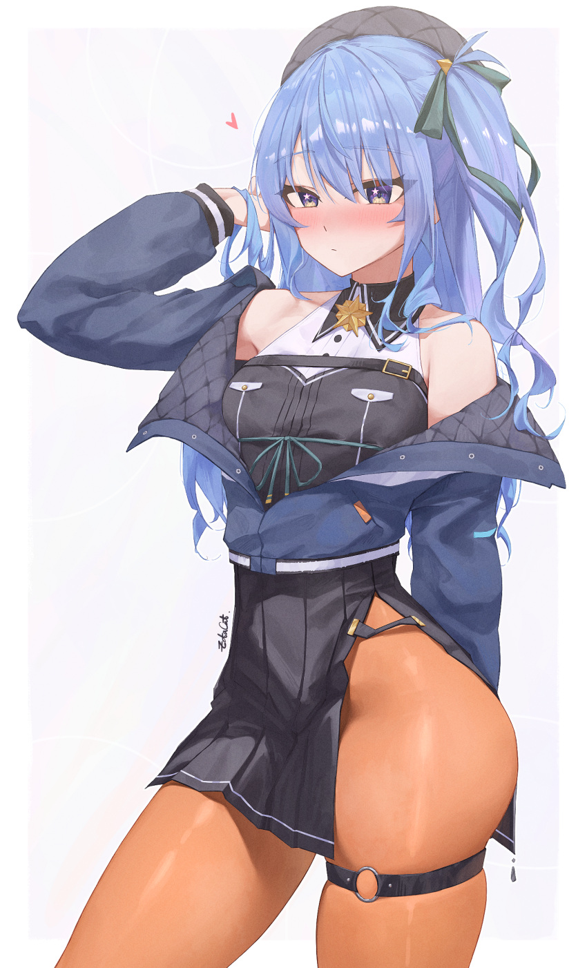 1girl, absurdres, arm_behind_back, arm_up, beret, black_hat, black_skirt, blue_eyes, blue_hair, blue_jacket, blush, breasts, brooch, closed_mouth, cowboy_shot, hair_ribbon, hat, highres, hololive, hoshimachi_suisei, hoshimachi_suisei_(casual), jacket, jewelry, miniskirt, one_side_up, orange_leggings, orange_pantyhose, pantyhose, ribbon, simple_background, skirt, small_breasts, solo, star_(symbol), star_in_eye, symbol_in_eye, thigh_strap, virtual_youtuber, white_background, zetacat