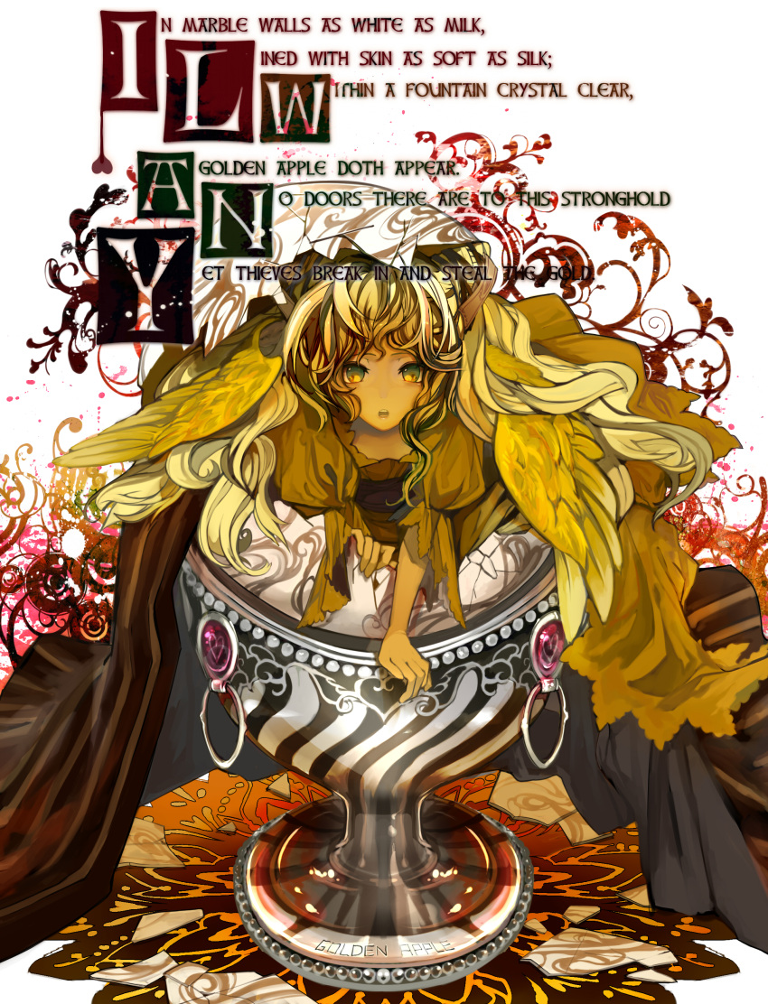 blonde_hair, chalice, cup, highres, long_hair, original, poem, rhyme