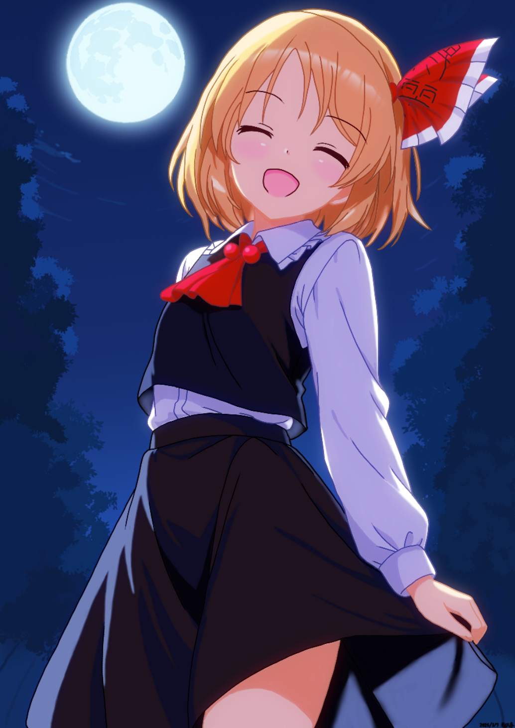 1girl, ascot, black_skirt, black_vest, blonde_hair, closed_eyes, clothes_lift, clothes_writing