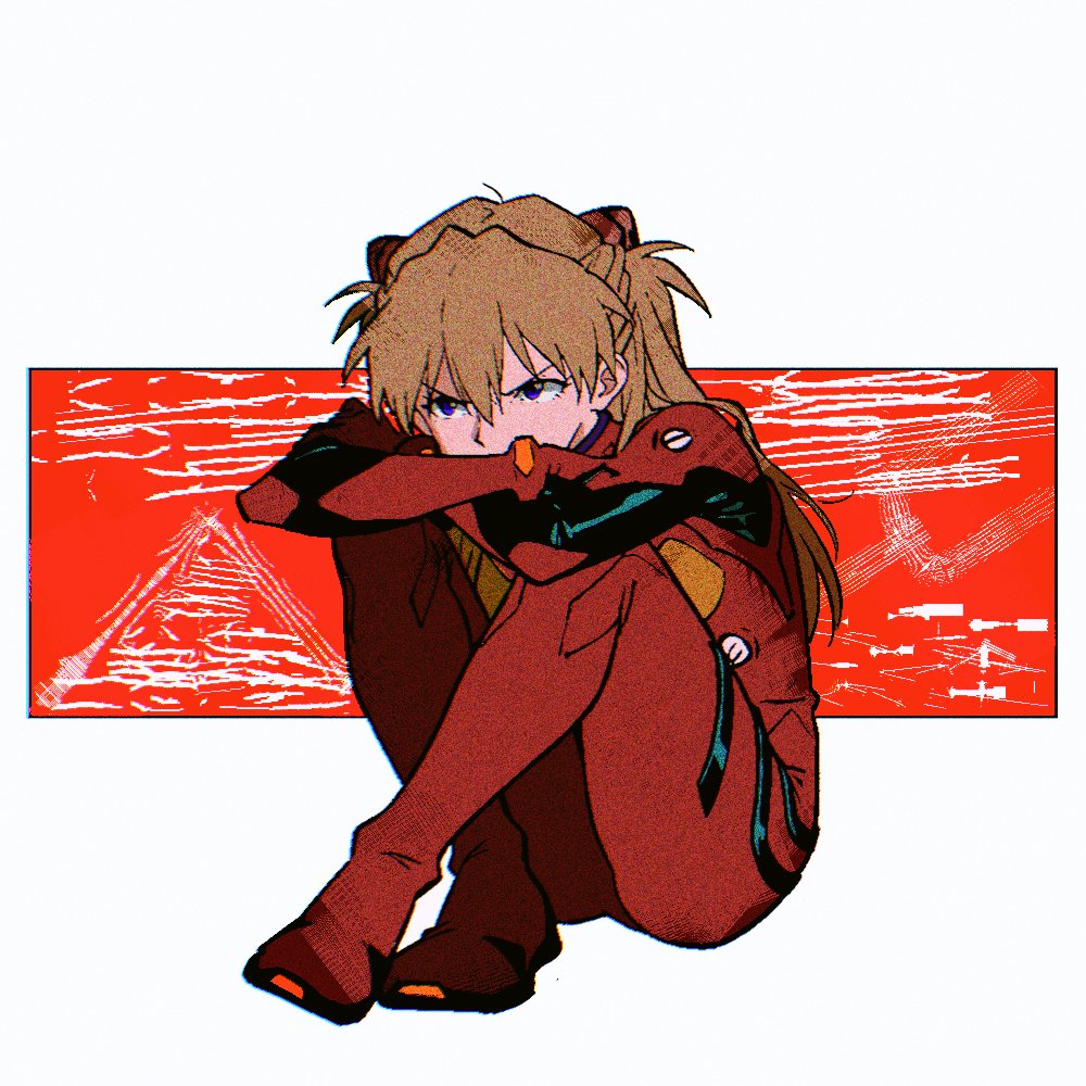1girl, arms_on_knees, black_stripes, blue_eyes, bodysuit, brown_hair, crossed_arms, frown