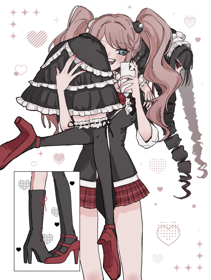 2girls, :d, black_boots, black_hair, black_thighhighs, blush, boots, celestia_ludenberg