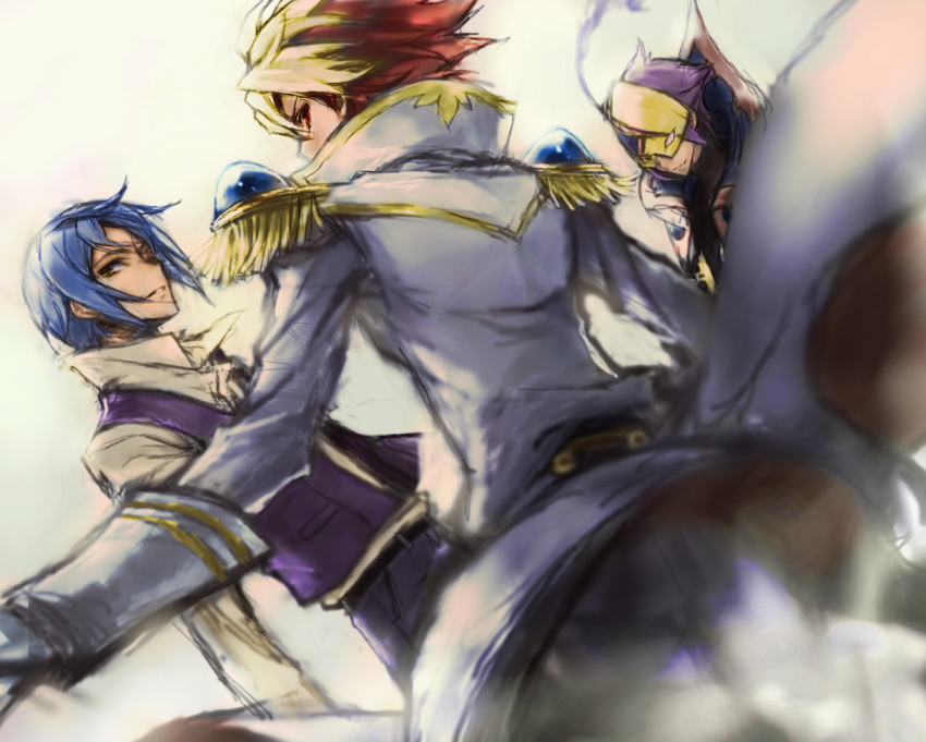 blonde_hair, blue_hair, coat, dutch_angle, epaulettes, fabulous, male, mask, miyabi_reiji, multicolored_hair, multiple_boys, purple_hair, rahit, red_hair, shindou_sugata, star_driver, tsunashi_takuto, two-tone_hair