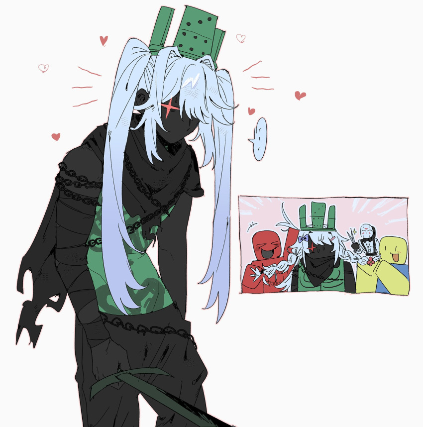 1x1x1x1_(roblox), 2boys, 2others, alternate_hairstyle, black_pants, black_skin, braid, braiding_hair, c00lkidd_(roblox), colored_skin, cowboy_shot, crown, forsaken_(roblox), friday_the_13th, glint, green_crown, green_skin, hairdressing, highres, jason_voorhees, long_hair, looking_at_viewer, low_twin_braids, multiple_boys, multiple_others, no_mouth, noob_(roblox), pants, red_eyes, red_skin, roblox, see-through_body, sidelocks, twin_braids, twintails, un_0tk, very_long_hair, white_hair, yellow_skin