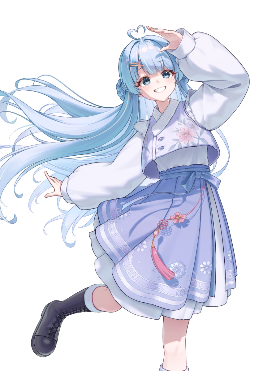 1girl, =_hair_ornament, ahoge, arahashi_tabi, black_boots, blue_eyes, blue_hair, boots