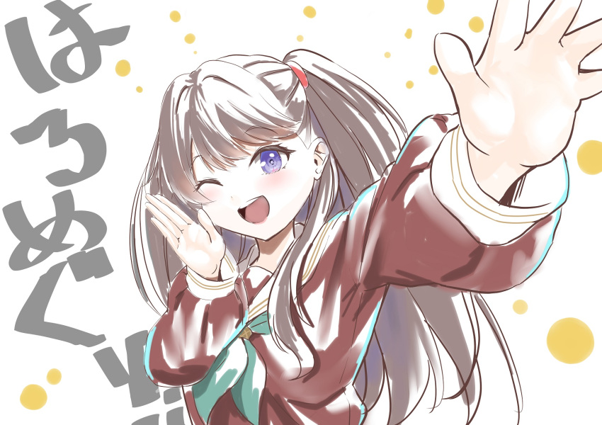 1girl, ;d, aqua_neckerchief, blush, brown_dress, brown_hair, commentary, dress