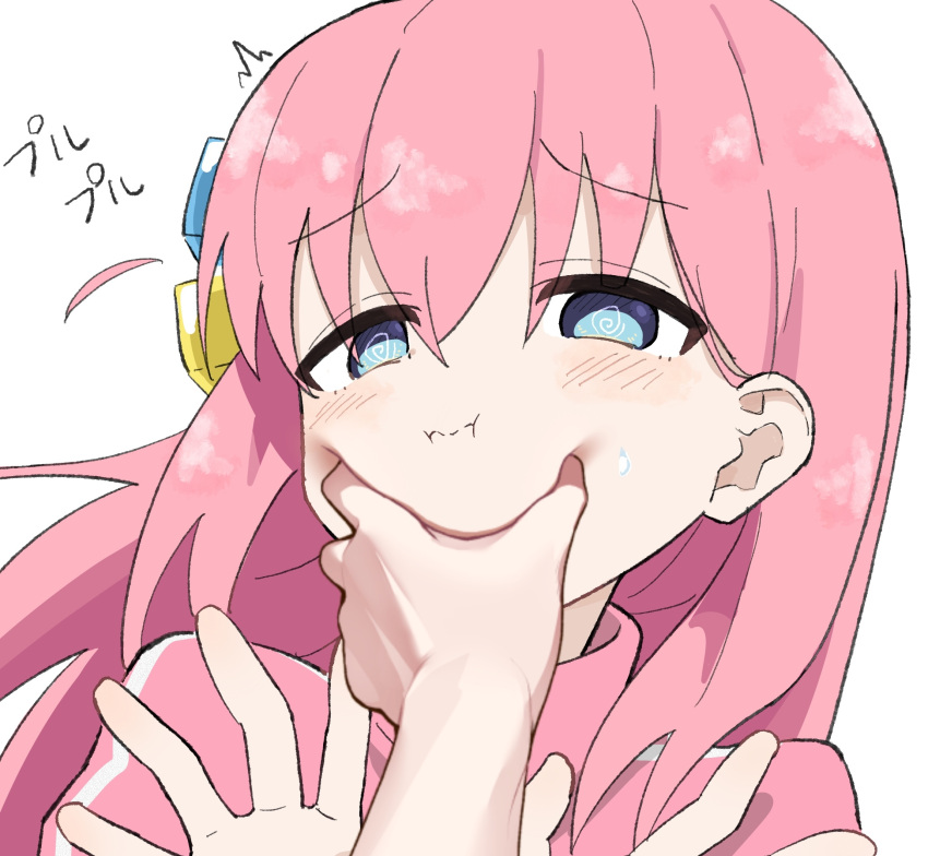1girl, 1other, :t, @_@, blue_eyes, bocchi_the_rock!, cheek_squash, closed_mouth
