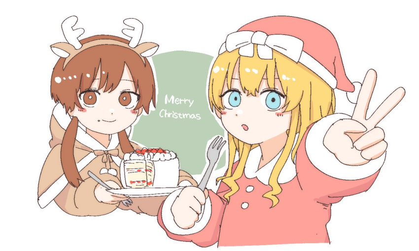2girls, animal_ears, blonde_hair, blue_eyes, blush_stickers, bright_pupils, buttons, cake, capelet, christmas, deer_ears, fake_antlers, food, food_on_face, fork, hat, holding, holding_fork, holding_plate, hood, hooded_capelet, iyowa_(igusuri_please), iyowa_girls, low_twintails, merry_christmas, multiple_girls, open_mouth, outline, pajamy_(character)_(iyowa), pajamy_(vocaloid), plate, red_capelet, red_eyes, red_hair, red_hat, red_shirt, riko_(iyowa), santa_costume, santa_hat, shirt, simple_background, twintails, v, white_background, white_outline, white_pupils