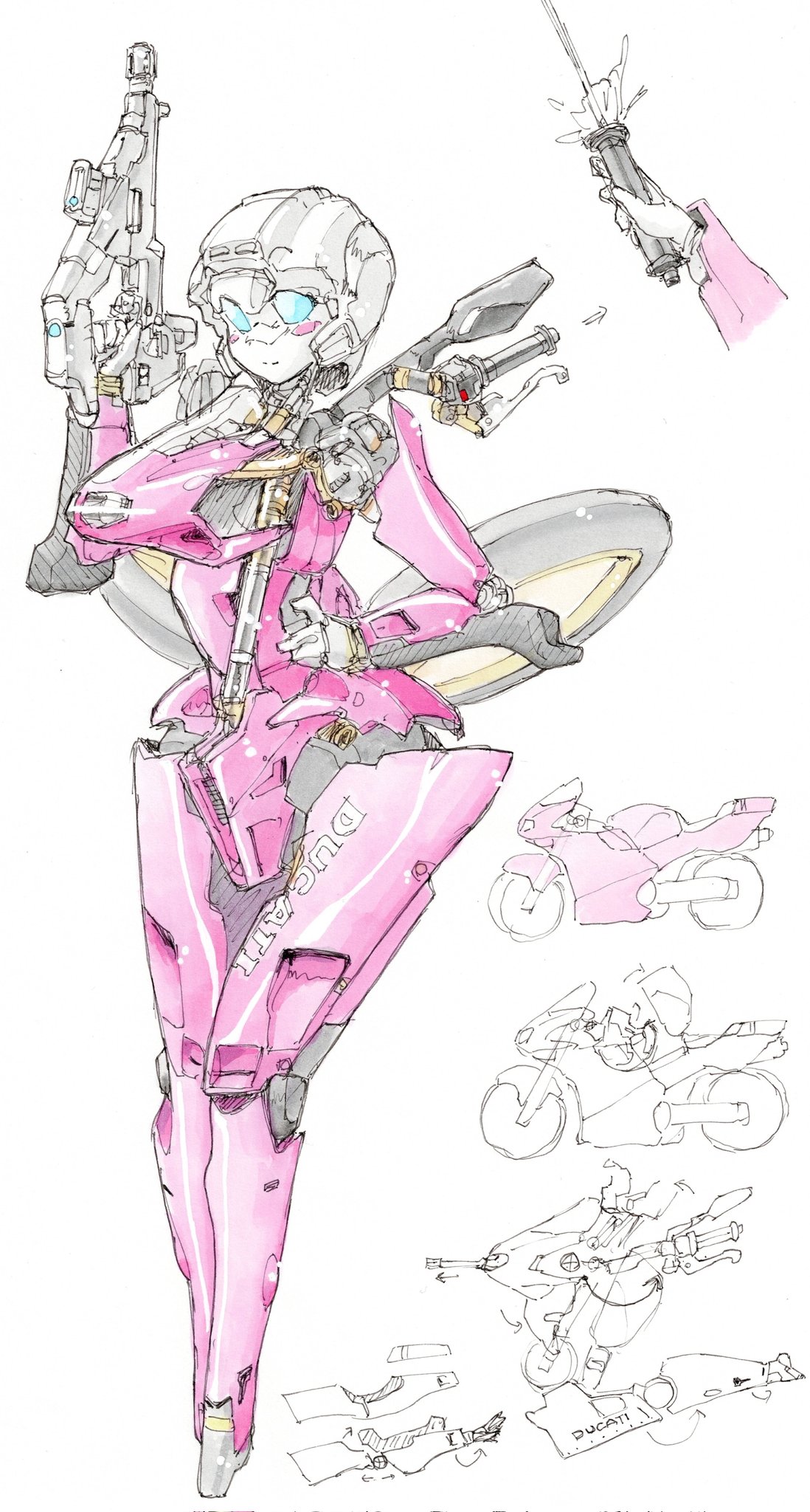 1girl, arcee, arrow_(symbol), autobot, blue_eyes, blush, corrupted_twitter_file, ducati, energy_sword, gun, hand_on_own_hip, highres, holding, holding_gun, holding_sword, holding_weapon, looking_at_viewer, mecha, mecha_focus, motor_vehicle, motorcycle, multiple_views, redesign, robot, smile, sword, tenkiame_(qwm04lnaymk2a7e), transformers, transformers:_rise_of_the_beasts, transformers_(live_action), weapon, white_background