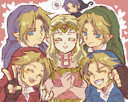 blonde_hair, blue_eyes, dark_link, four_swords, four_swords_adventure, gloves, grin, link, long_hair, lowres, multiple_persona, mutsuki_kaya, nintendo, ocarina_of_time, oekaki, pointy_ears, princess_zelda, smile, the_legend_of_zelda, v