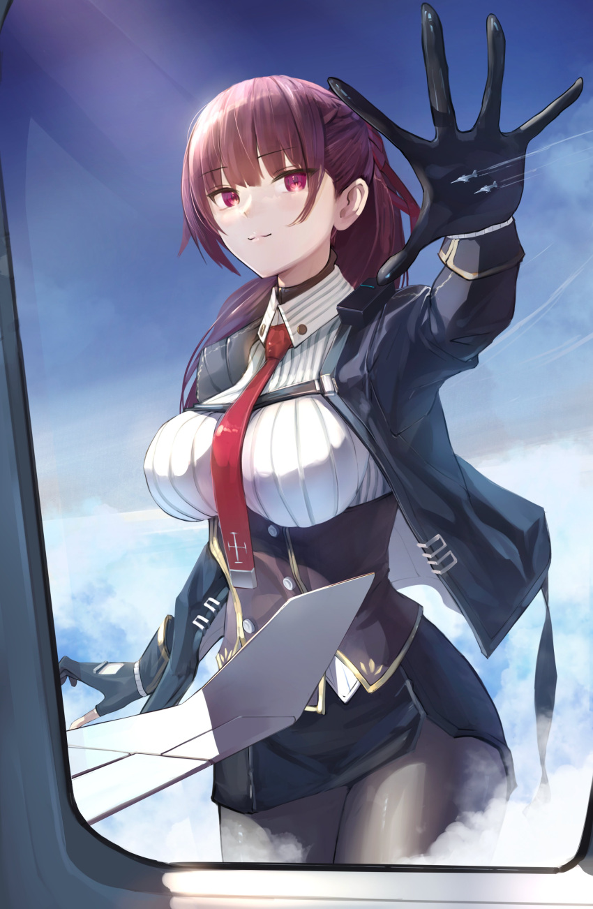 1girl, absurdres, aircraft, airplane, black_gloves, black_jacket, black_pantyhose, blue_sky