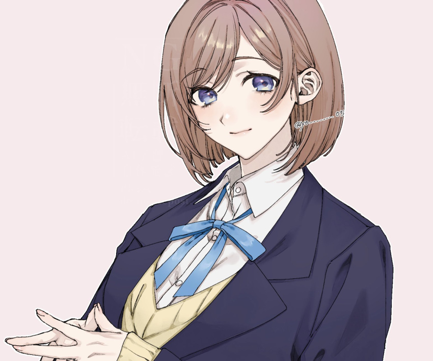 1girl, alternate_hair_length, alternate_hairstyle, artist_name, black_jacket, blazer, blue_eyes, blue_ribbon