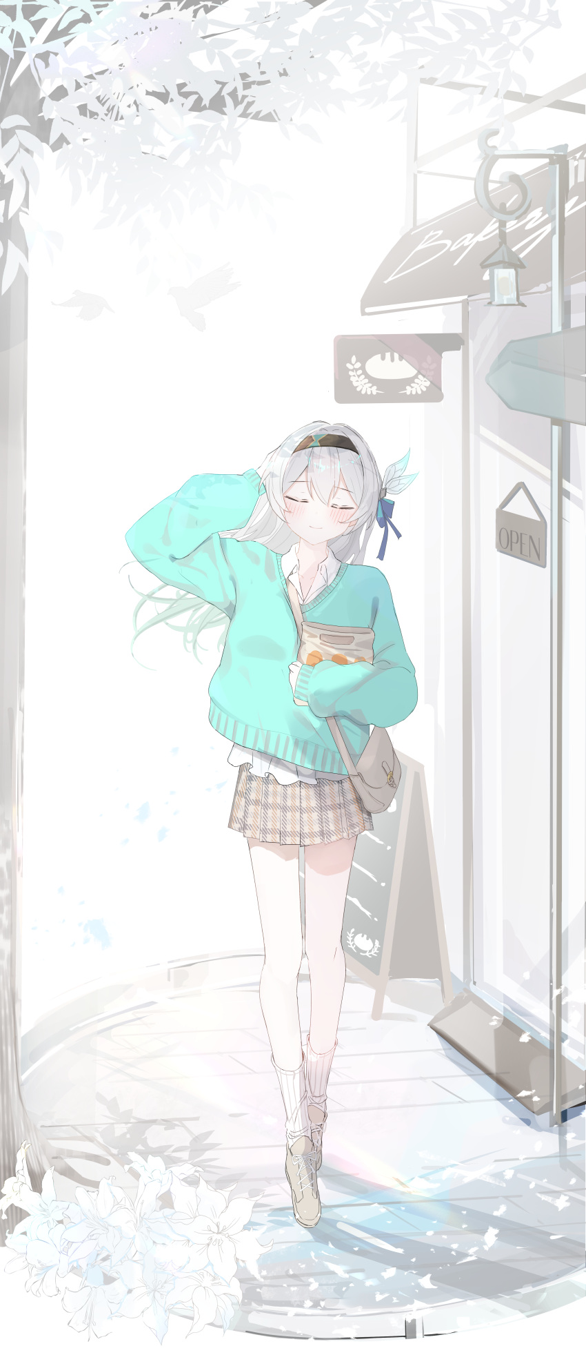 1girl, absurdres, ankle_socks, aqua_sweater, bag, black_hair, blush, boots, closed_eyes, collar, collared_shirt, commentary_request, firefly_(honkai:_star_rail), full_body, hair_ornament, hairband, highres, holding, honkai:_star_rail, honkai_(series), long_hair, long_sleeves, miniskirt, nei1122, open_sign, outdoors, packet, shirt, shirt_under_sweater, shoulder_bag, skirt, socks, standing, sweater, white_collar, white_hair, white_shirt, white_socks