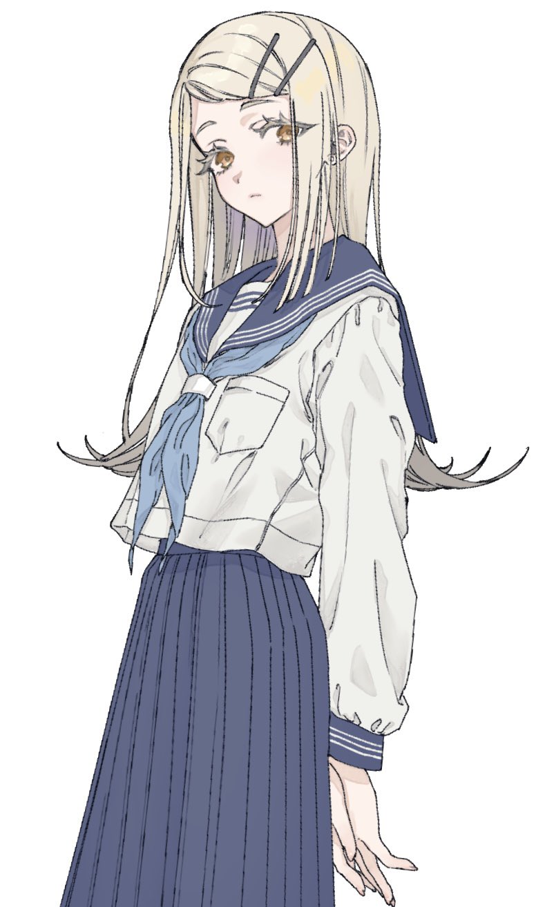 1girl, arms_behind_back, blonde_hair, blue_neckerchief, blue_sailor_collar, blue_skirt, blue_sleeve_cuffs, breast_pocket