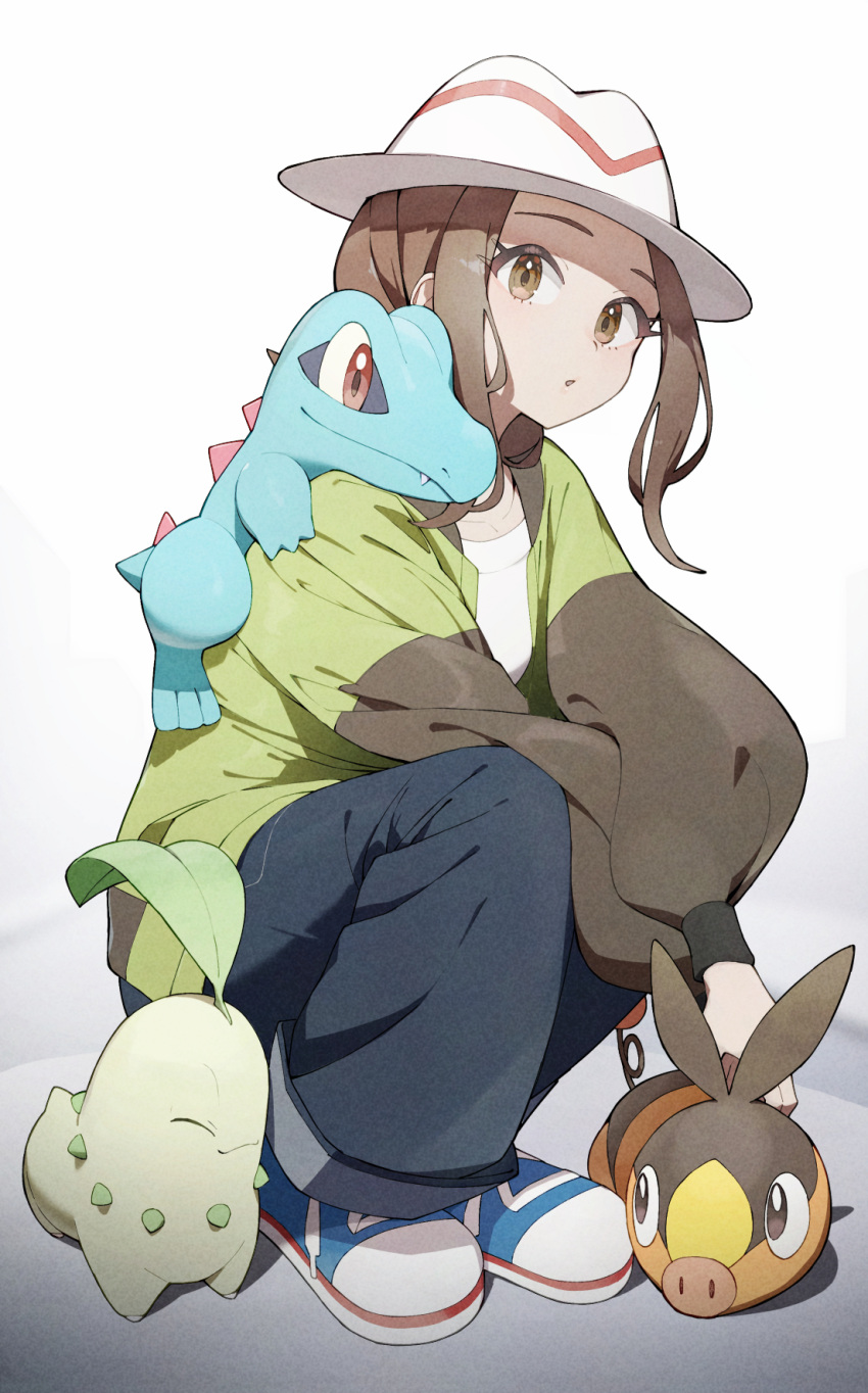 1girl, brown_eyes, brown_hair, chikorita, female_protagonist_(pokemon_legends:_z-a), green_jacket, hat, highres