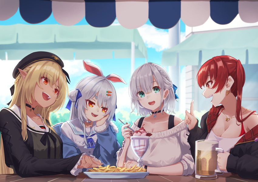 4girls, absurdres, animal_ears, aonouta, beer_mug, beret, blonde_hair, blue_hair